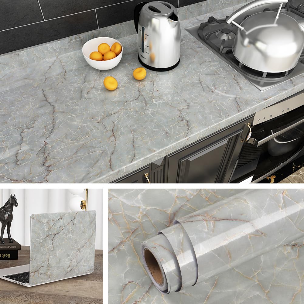 Livelynine Waterproof Marble Contact Paper - Peel and Stick Countertop Cover, Self-Adhesive Vinyl Wrap for Kitchen Countertops, Tables & Desks (15.8