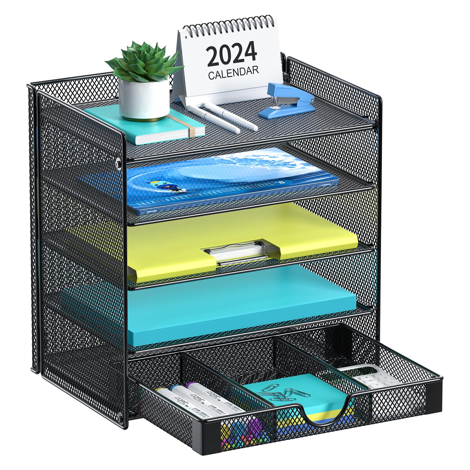 4-Tier Mesh Desk Organizer with Sliding Drawer - Black Paper File & Letter Sorter for Home, Office, School & Classroom - Perfect for Decluttering Workspaces and Organizing Documents