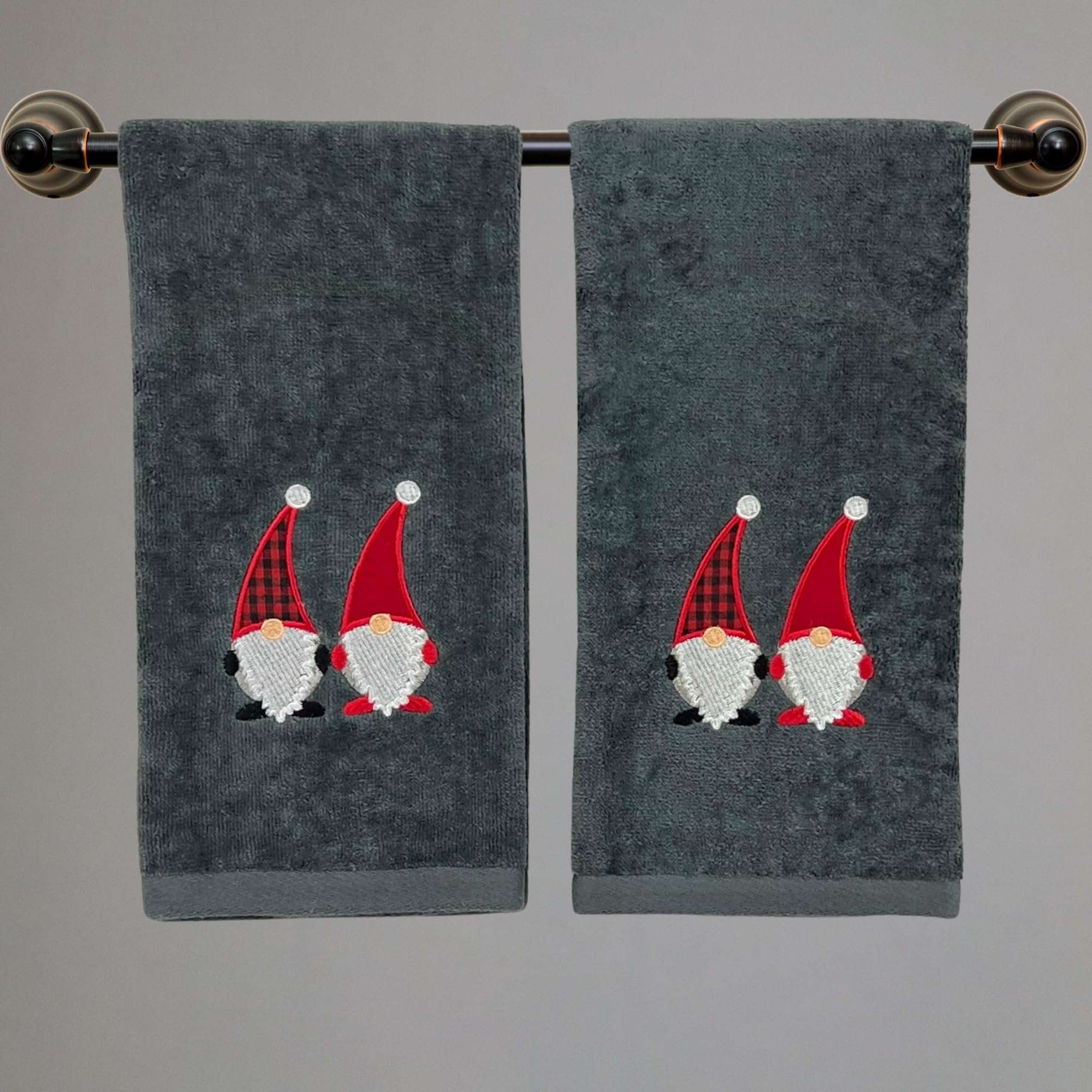 Christmas Gnomes Towel Set - 2 Pack Dark Grey Hand Towels with Red & White Embroidery | Nordic Holiday Decor | Perfect for Kitchen, Bathroom & Festive Home Decor