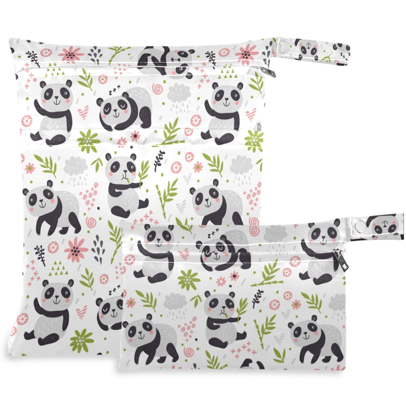 Visesunny 2-Pack Cute Panda Wet Bags with Zippered Pockets - Washable & Reusable Waterproof Storage for Diapers, Swimsuits, Gym Clothes - Perfect for Travel, Beach, Pool, Daycare, Stroller & Toiletries Organization
