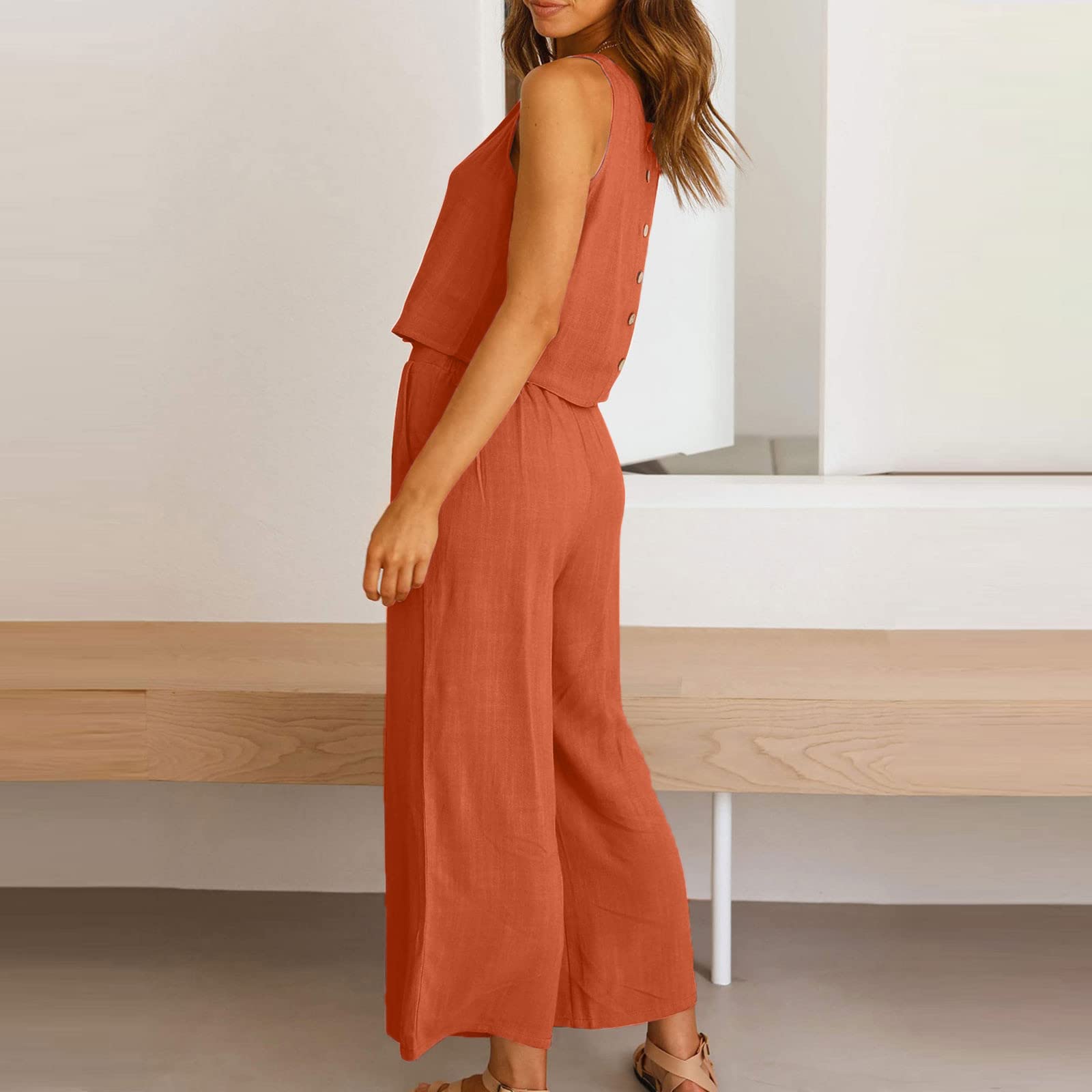 Women's 2-Piece Cotton Linen Lounge Set - Oversized Wide Leg Pants & Top Comfy Travel Outfit | Casual Summer Pajama Set for Home, Beach & Vacation Wear