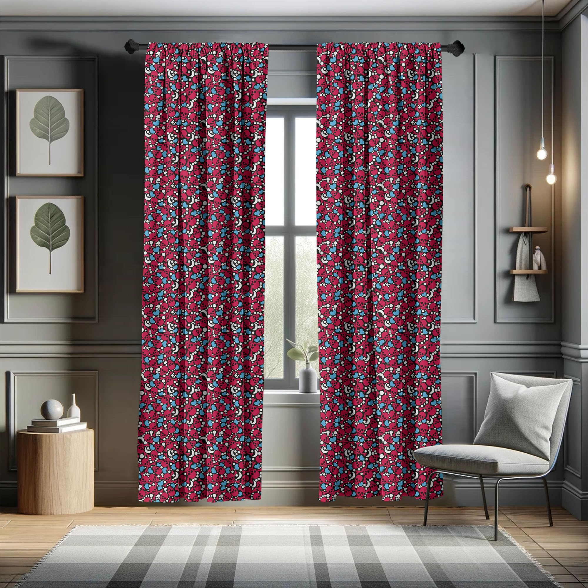 Ambesonne Gothic Skull Curtains - Black & Red Smiling Skulls with Hearts, Moons & Dots Print - 2 Panel Window Treatments (28x63 inches) for Living Room & Bedroom - Perfect for Halloween Decor, Horror Theme Rooms & Gothic Home Decor