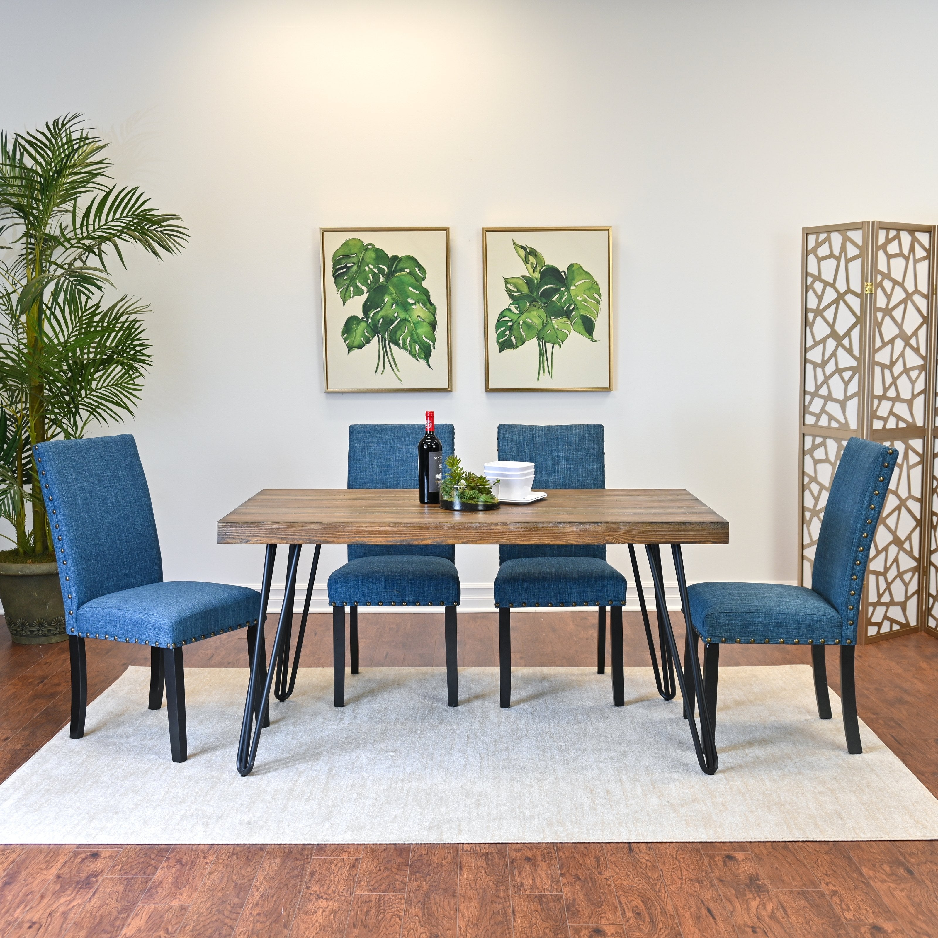 Roundhill Furniture Amisos 6-Piece Dining Set with Hairpin Leg Table, 4 Chairs & Upholstered Bench - Modern Kitchen & Dining Room Furniture for Family Gatherings