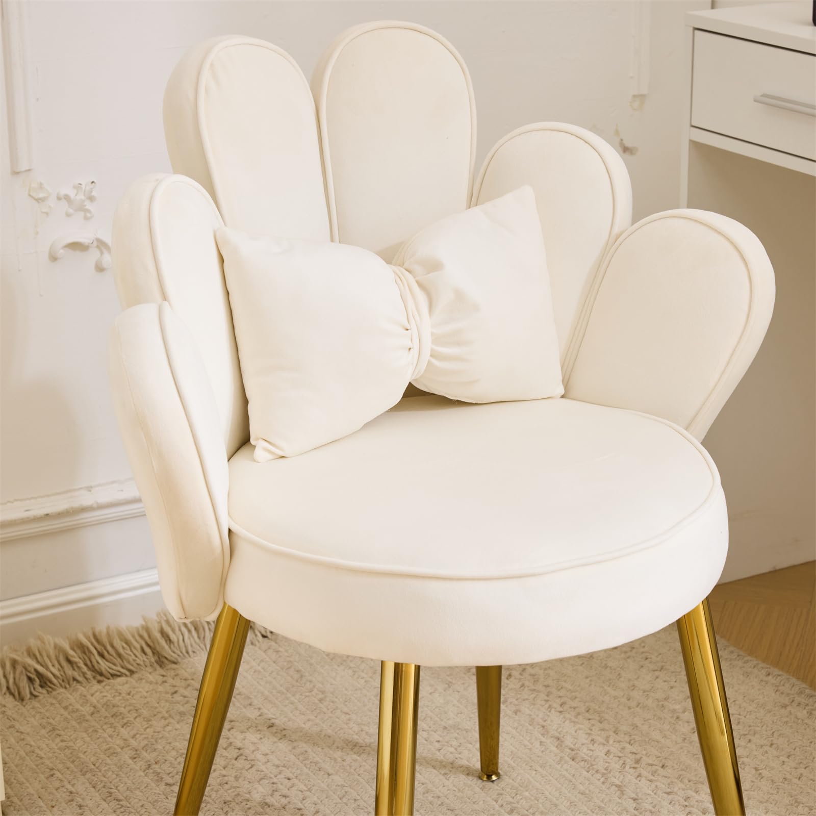 VINGLI Velvet Petal Makeup Vanity Chair with Back - Cute Flower Design, Adjustable Gold Legs & Bow Pillow - Comfortable No-Wheels Desk Chair for Girls, Modern Dining & Accent Chair - Perfect for Home Office, Bedroom, Dressing Room (White)