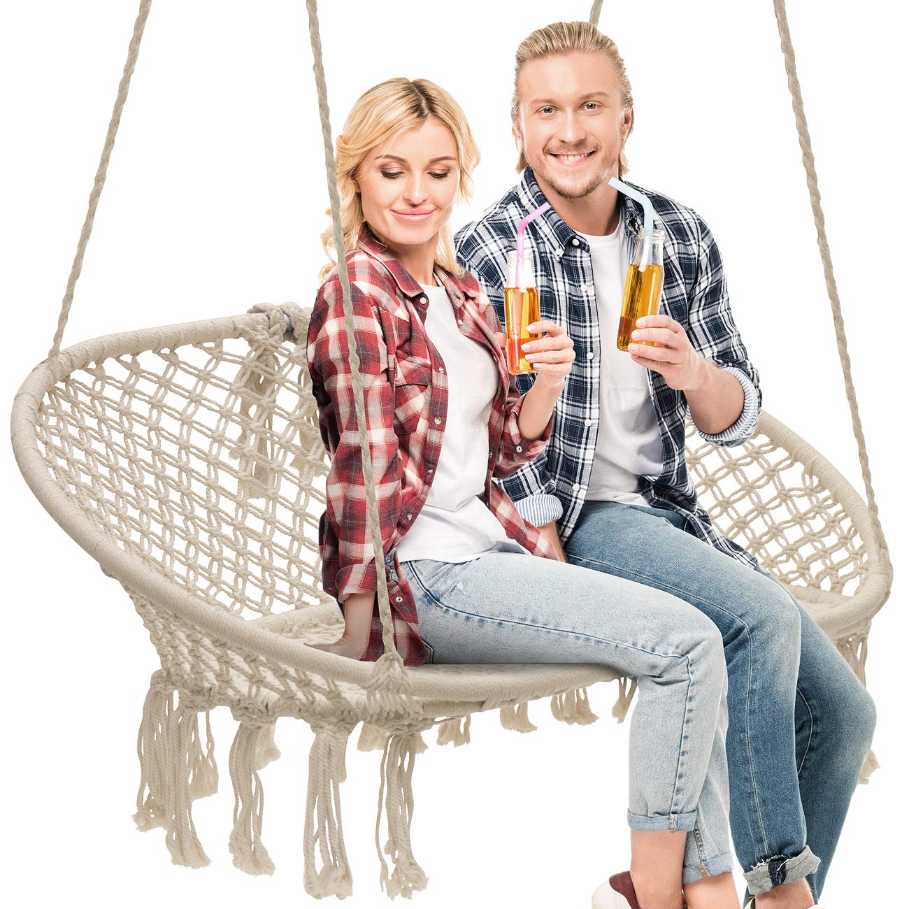 Sorbus Macrame Hanging Hammock Chair Swing - Double Swing Bench for Indoor & Outdoor Use - Perfect for Bedroom, Patio, Garden, Deck & Backyard - Cozy Boho Floating Seat for Relaxation & Reading