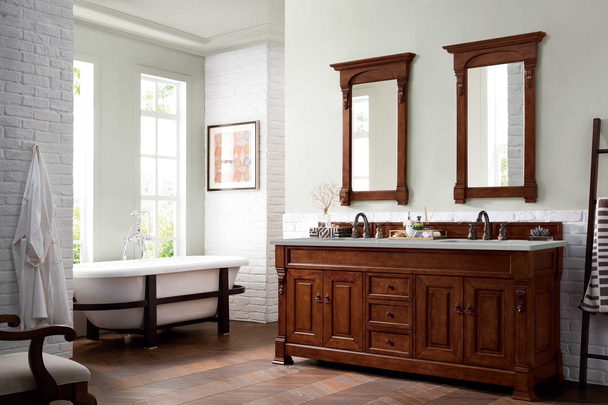 Brookfield 72-Inch Double Vanity with Warm Cherry Finish & 3CM Eternal Serena Quartz Countertop - Perfect for Master Bathroom & Luxury Home Renovation