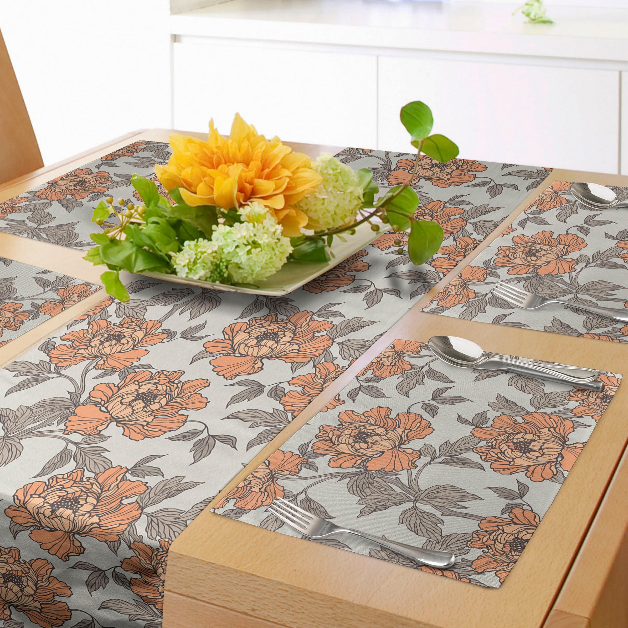 Ambesonne Vintage Floral Table Runner & Placemats Set - Peony Flowers Design, 4 Placemats + 14