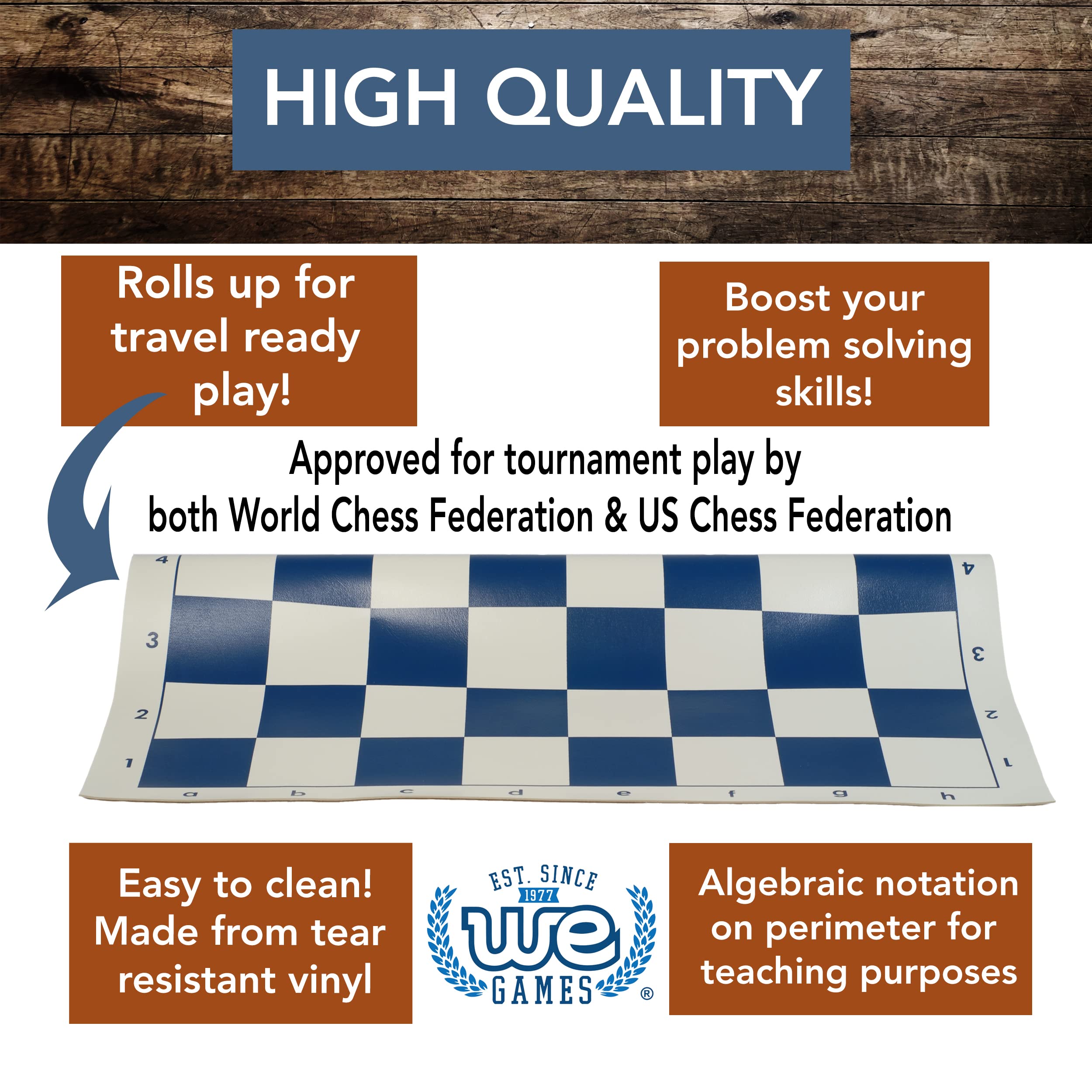 WE Games Tournament Roll Up Vinyl Chess Board - Durable Portable Chess Mat for Travel, Tournaments, and Home Game Nights