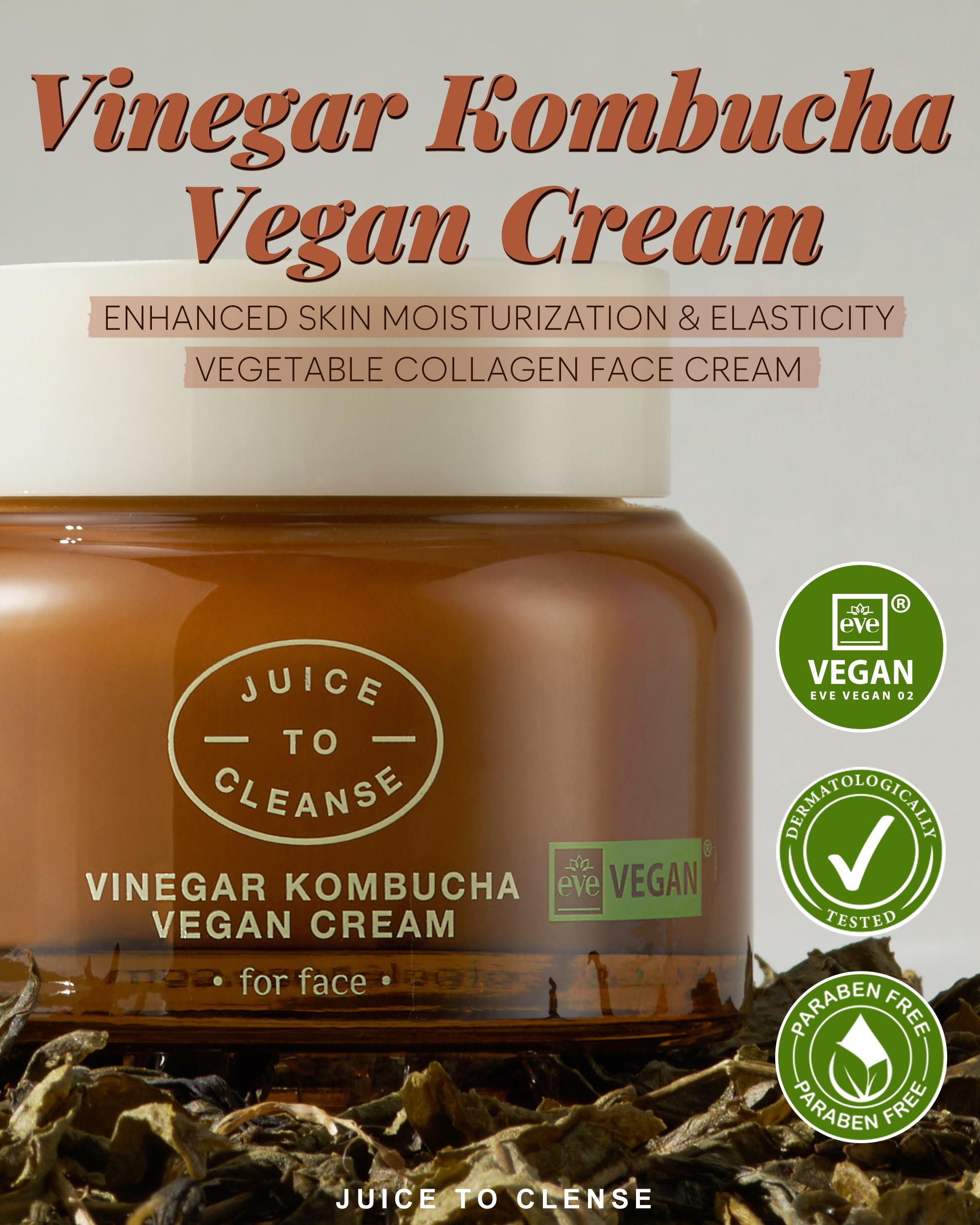 Organic Kombucha Vinegar Vegan Face Cream – Korean Skincare with Vegetable Collagen & Protein for Radiant, Elastic Skin | 2.5oz Hydrating Moisturizer for Daily Use, Night Routine & Anti-Aging Care