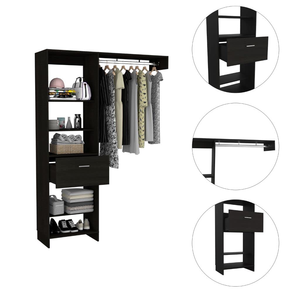 Dynamic 150 Closet Organizer System with 5 Open Shelves, 1 Drawer & Metal Clothes Rod - Black - Perfect for Bedroom, Walk-in Closet or Small Space Organization