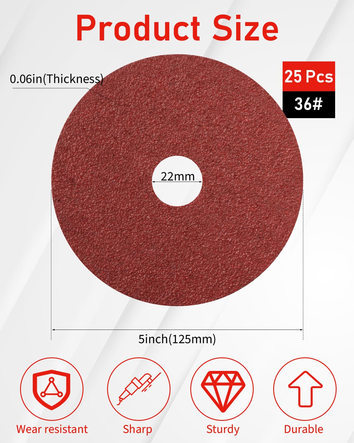 25 Pcs 5'' Angle Grinder Sanding Discs - 36 Grit Aluminum Oxide Resin Fiber Discs with 7/8'' Arbor for Metal Grinding, Wood Sanding & Surface Polishing - Perfect for DIY Projects, Metalworking & Automotive Repair