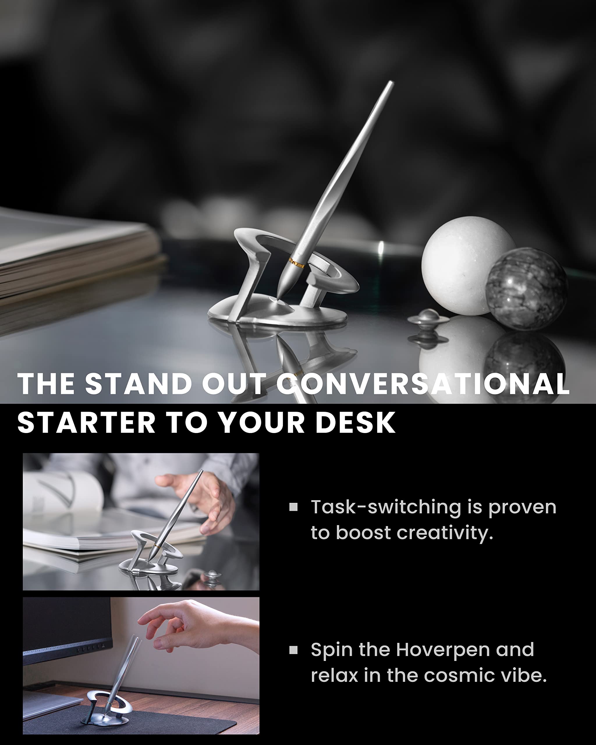 Novium Hoverpen Interstellar Edition - Premium Luxury Pen with Aerospace Alloy, Sleek Executive Design, Free Spinning Mechanism | Perfect Desk Decor & Unique Gift for Bosses, Women, Professionals (Starlight Silver, 18K Gold) | Ideal for Office Use, Business Meetings & Special Occasions