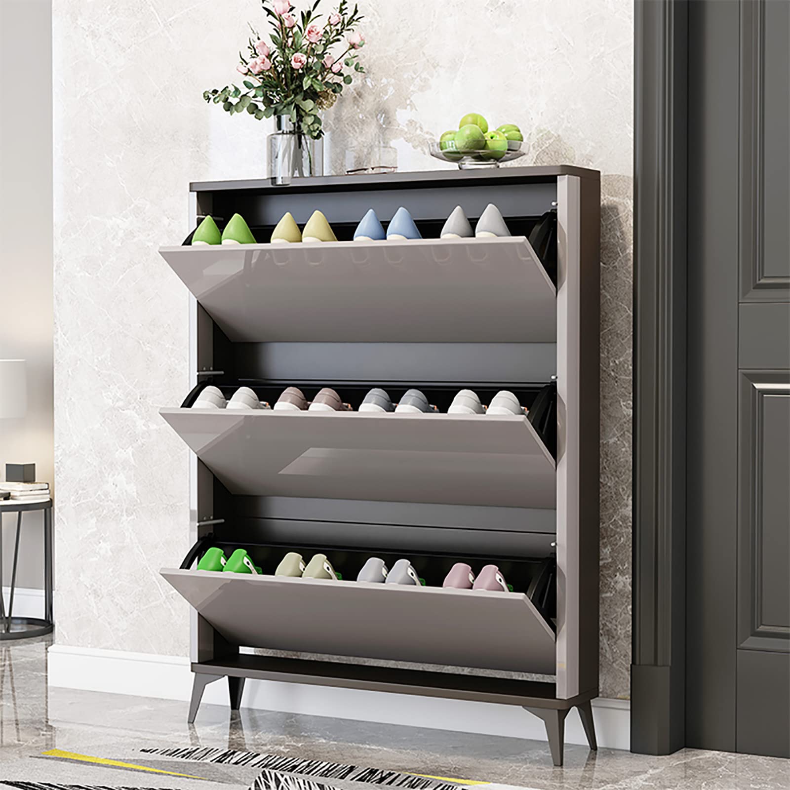 Modern Shoe Cabinet with Hidden Storage | Touch to Open Shoe Organizer | Premium Entryway Cabinet | Space-Saving Furniture (Gray, 50x17x118cm/20x7x46in) - Perfect for Small Apartments, Closet Organization & Neat Home Entryways