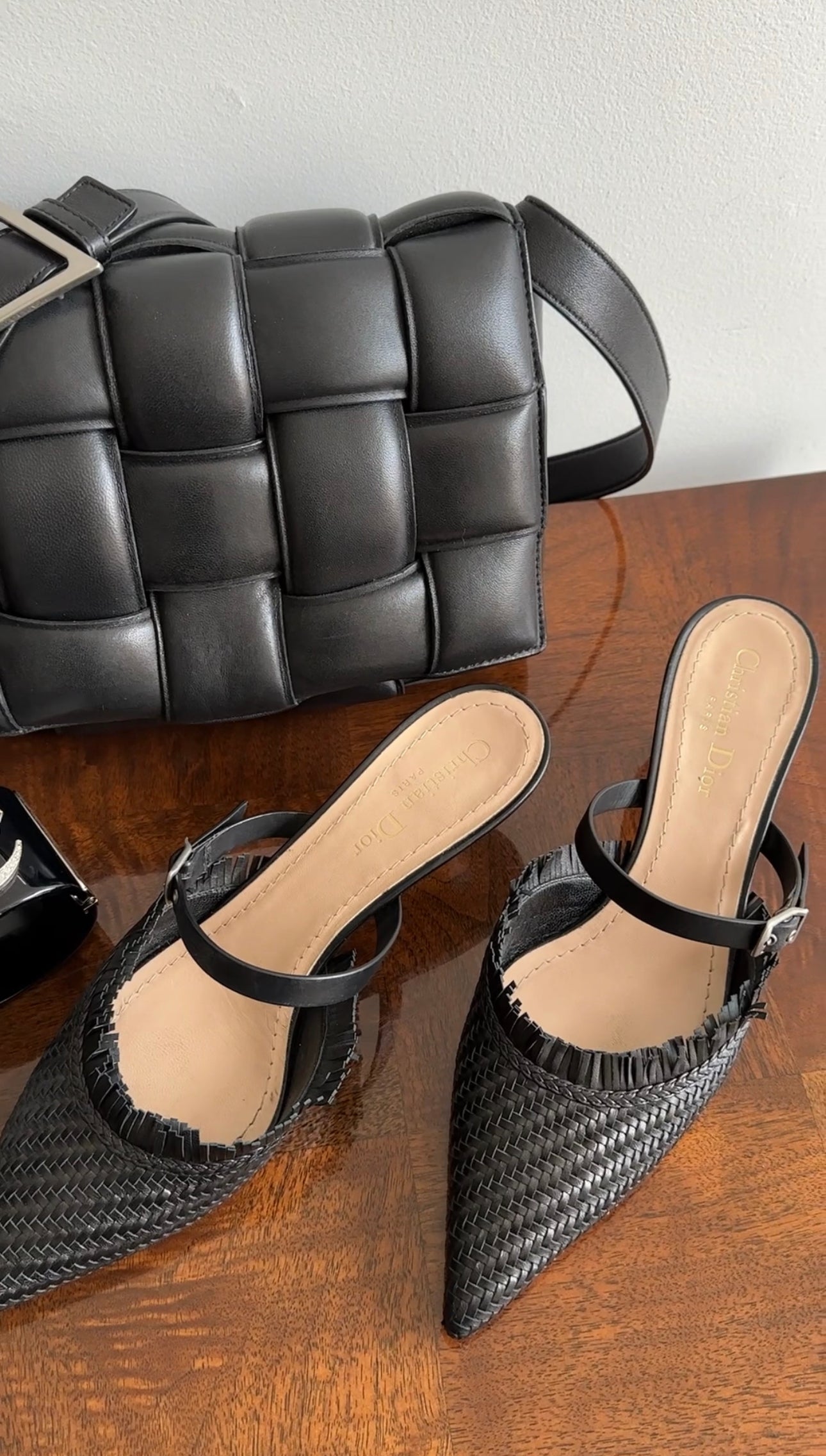 Christian Dior Black Leather Pointed Woven Mules Women's Luxury Slip-On Shoes Size 8.5 - Perfect for Evening Parties & Formal Occasions