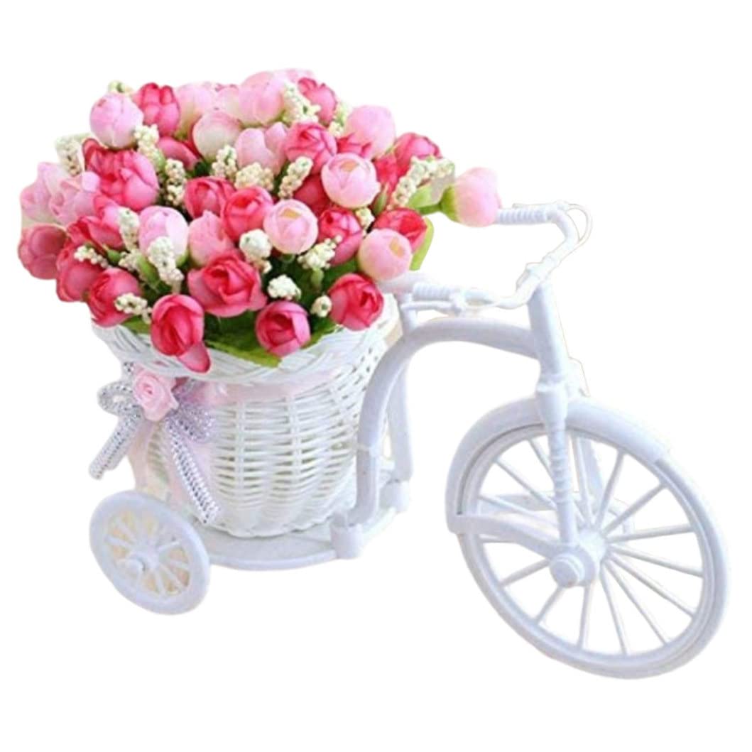 Bicycle Flower Basket - Artificial Rose Rattan Tricycle Planter for Bike Decor, Garden & Desktop Display | Perfect for Home, Store Showcase & Outdoor Decorations