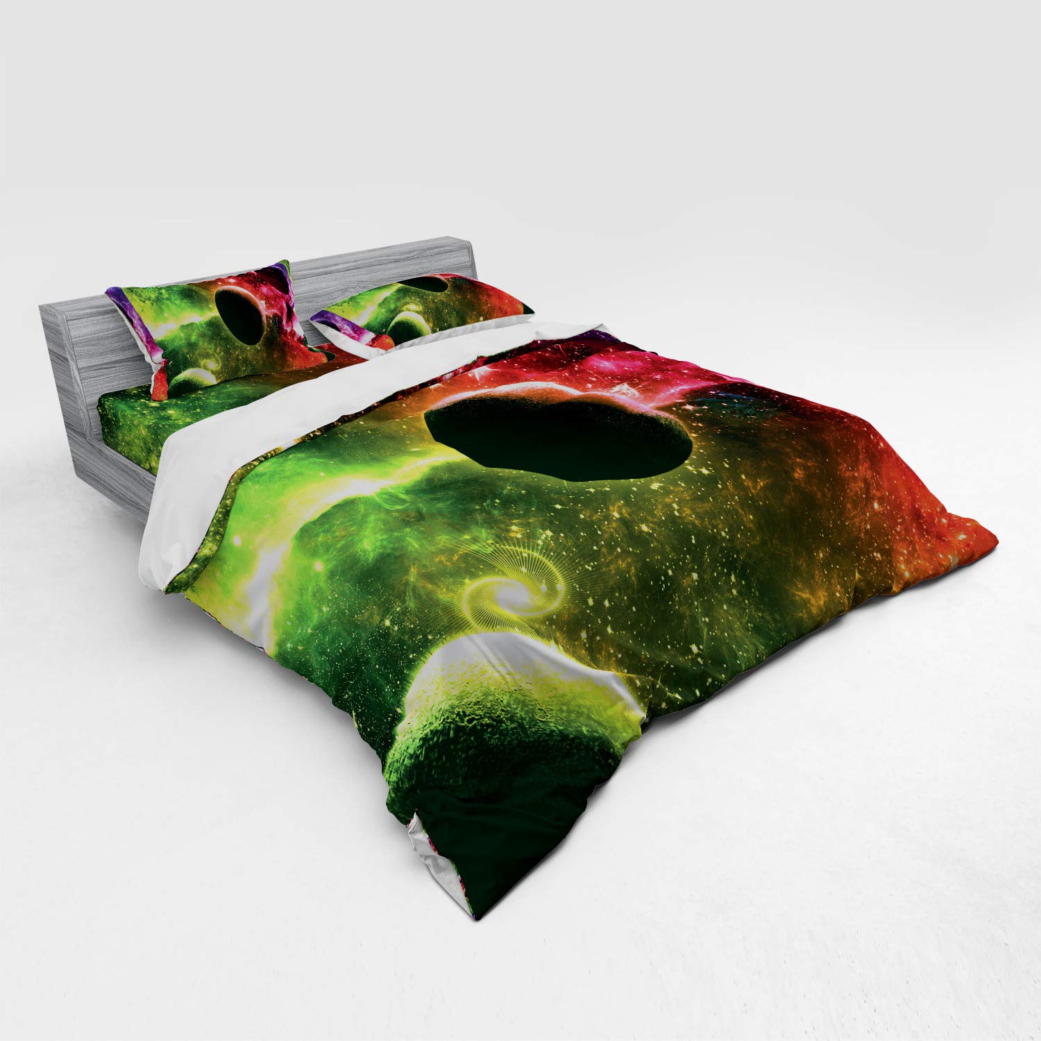 Ambesonne Psychedelic Duvet Cover Set - Space Universe Cosmos Galaxy Nebula Stars & Planets Print - 4 Piece King Size Bedding Set with Shams & Fitted Sheet in Vibrant Magenta Green - Perfect for Bohemian Bedrooms, Dorm Rooms & Hippie Themed Decor