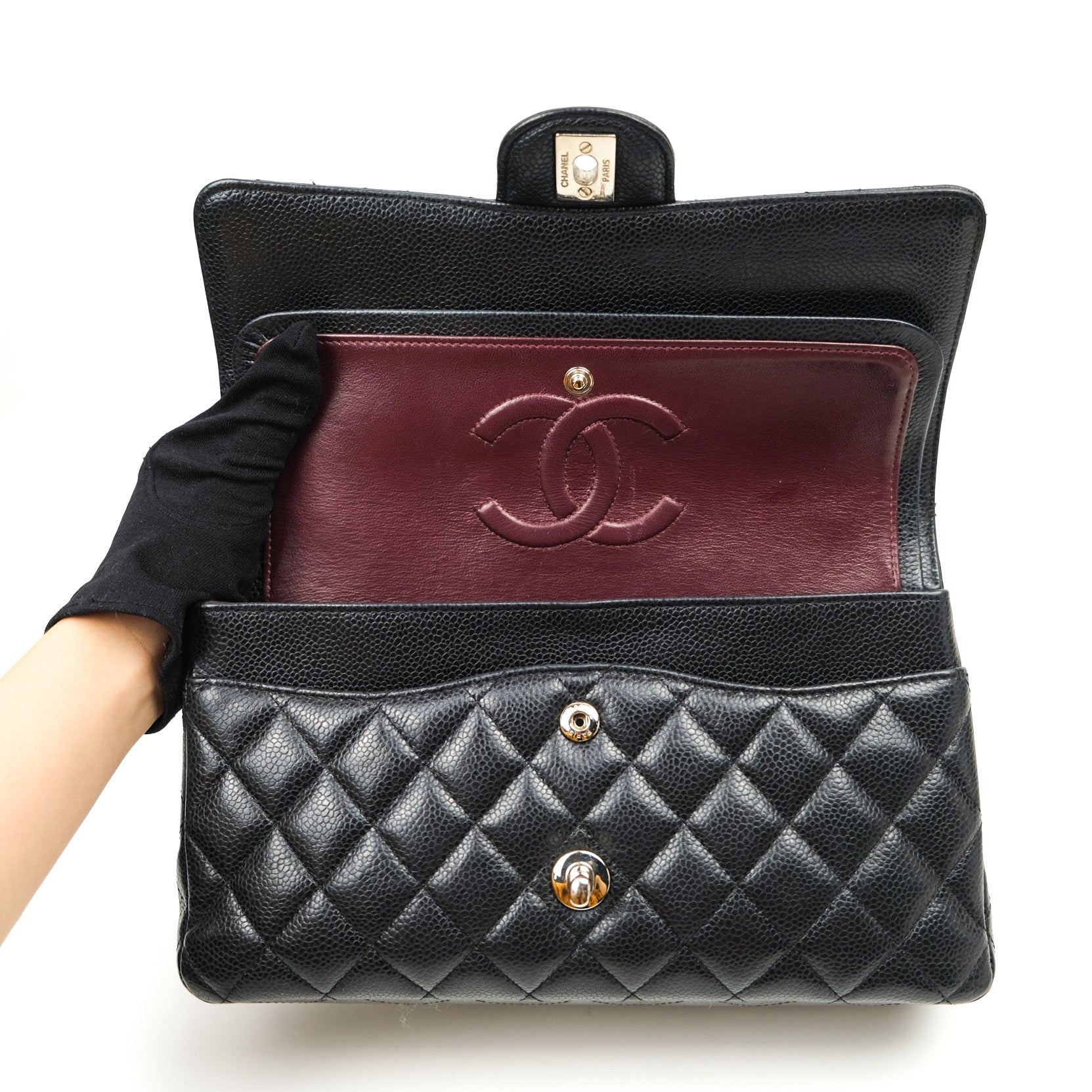 Chanel Classic Medium Double Flap Bag Black Caviar Leather with Silver Hardware - Luxury Shoulder Bag for Women, Perfect for Work, Parties & Special Occasions