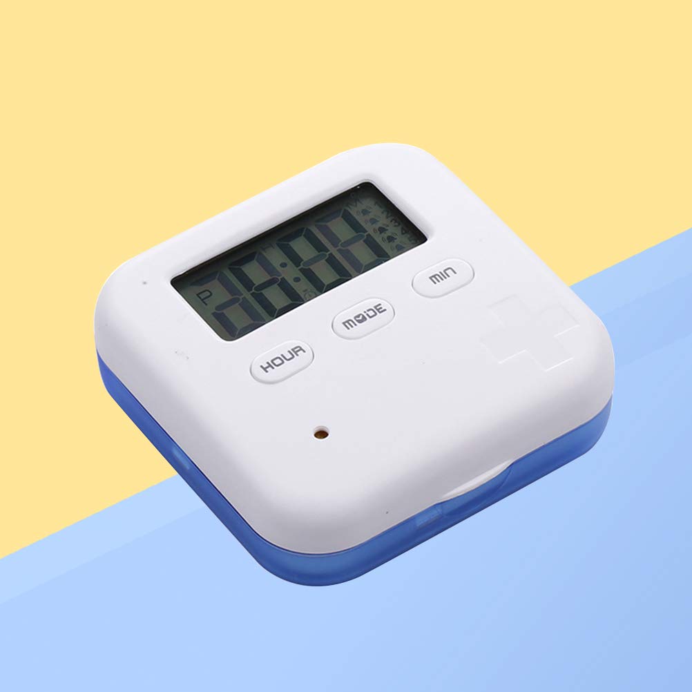 4-Compartment Travel Pill Organizer Box with 5 Alarm Timer - Digital Countdown Display & Daily Medication Reminder (Blue) | Perfect for Travel, Work, and Home Medication Management