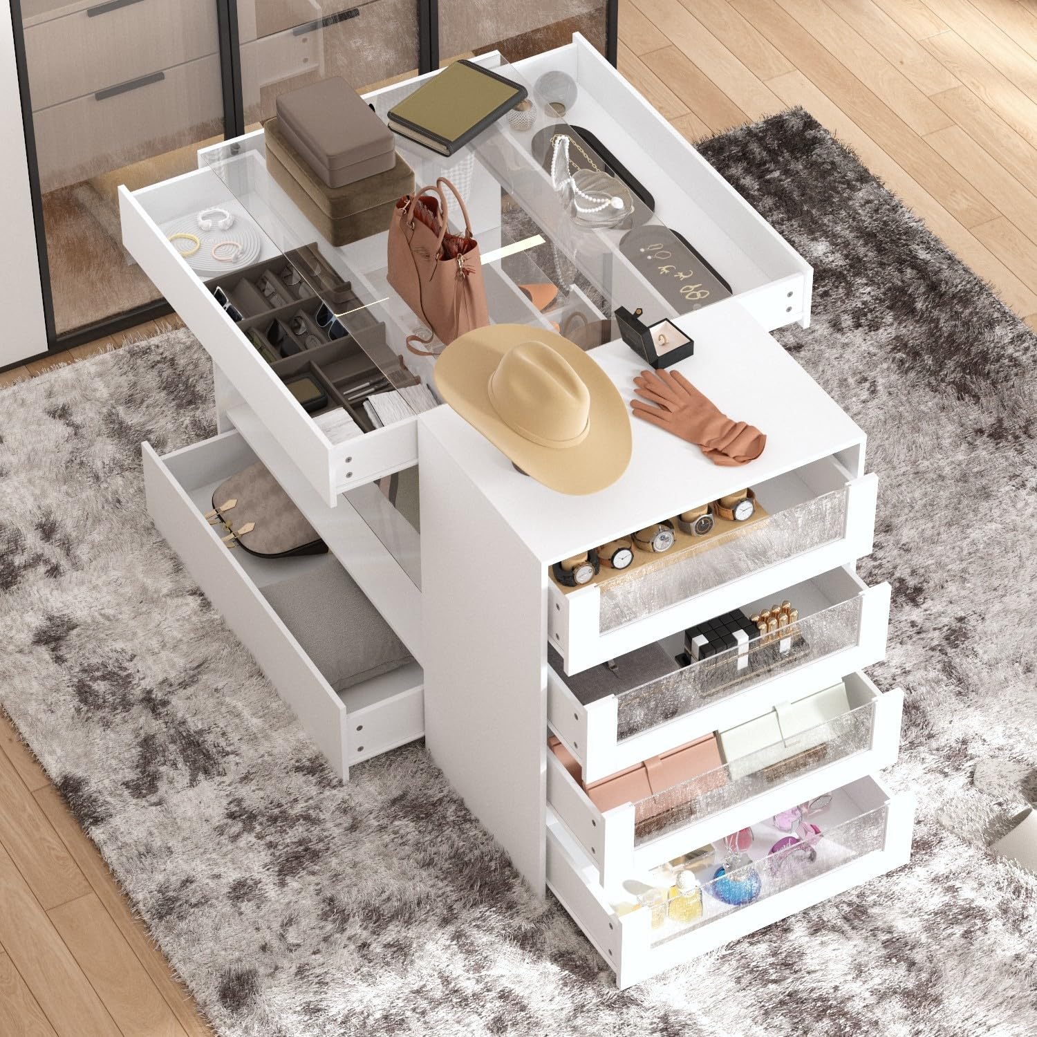 White Modern Bedroom Wardrobe Island with 8 Drawers & Glass Tabletop - 47.2