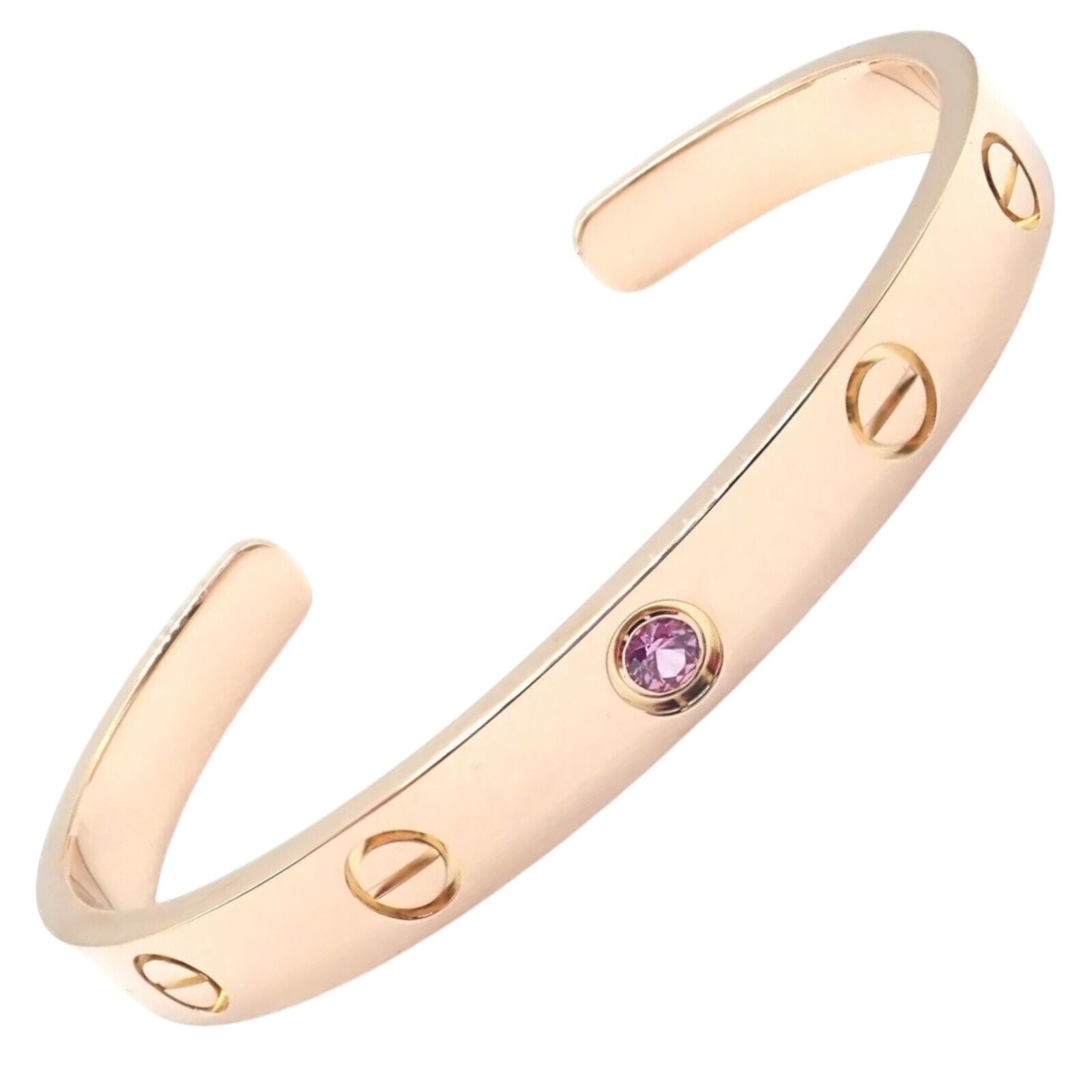Authentic Cartier 18K Rose Gold Pink Sapphire Love Cuff Open Bracelet - Size 16 - Luxury Jewelry Gift for Women, Perfect for Anniversaries, Valentine's Day & Special Occasions