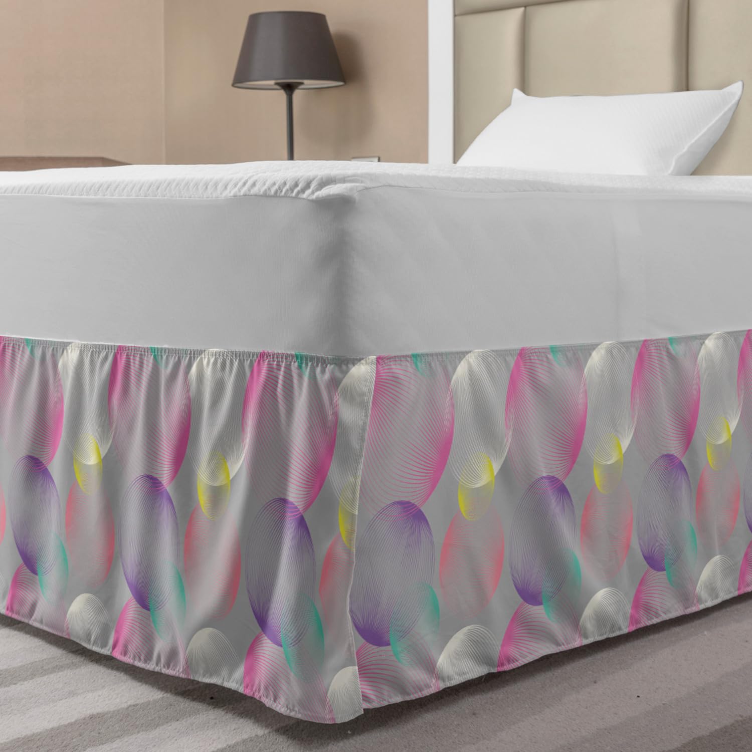 Ambesonne Abstract Elastic Bed Skirt - Modern Striped Circles & Bubbles Design, Wrap Around Fabric Dust Ruffle for Twin/Twin XL Beds, Earth Yellow | Perfect for Bedroom Decor & Guest Room Styling
