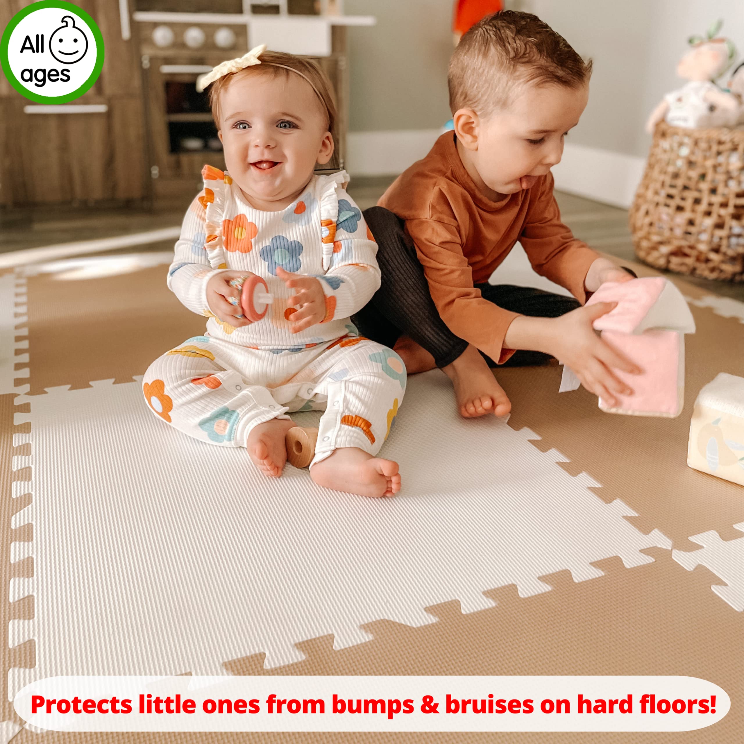 **Extra Large Baby Play Mat - 74x74 Inches Non-Toxic Foam Floor Tiles for Infants & Toddlers | Thick Interlocking Puzzle Playmat for Crawling, Tummy Time & Learning Activities (Beige/White) - Perfect for Nursery, Daycare & Playroom**