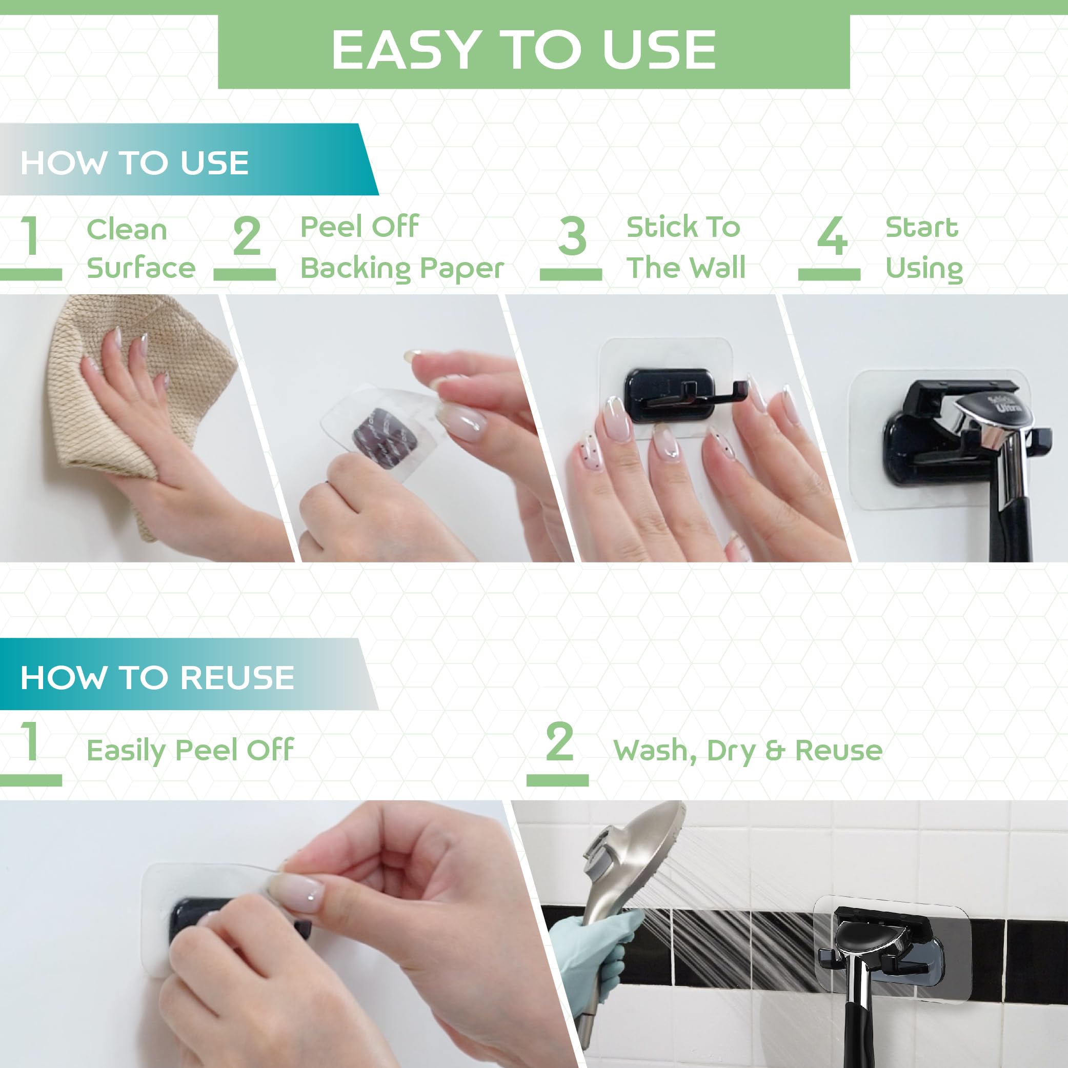 Self-Adhesive Shower Razor Holder - 2 Pack Waterproof Hooks for Bathroom & Kitchen - Removable & Reusable for Towels, Bath Accessories - White - Perfect for Shower Organization & Small Space Storage