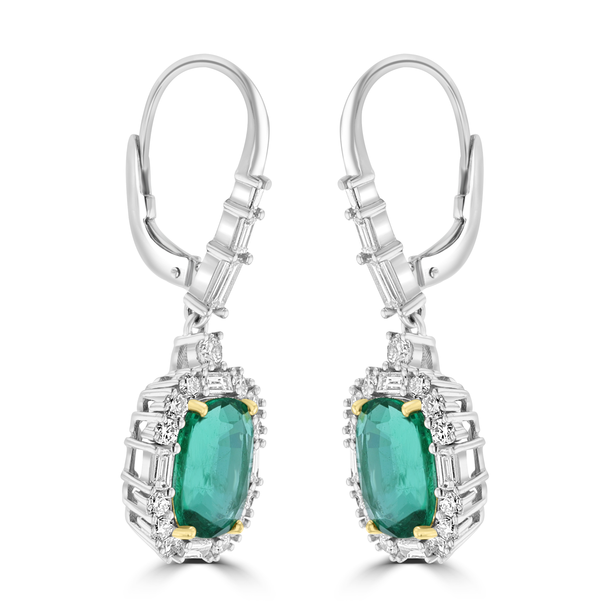 18KT White Gold 5.19 CTW Emerald & 1.50 CTW Diamond Halo Drop Earrings for Women - Luxury Dangle Earrings for Weddings, Parties & Special Occasions