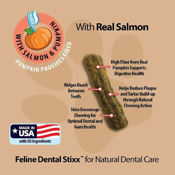 Emerald Pet Feline Dental Stixx Salmon & Pumpkin Flavor Cat Treats - Natural Teeth Cleaning Snacks for Cats - Perfect for Dental Care & Fresh Breath at Home