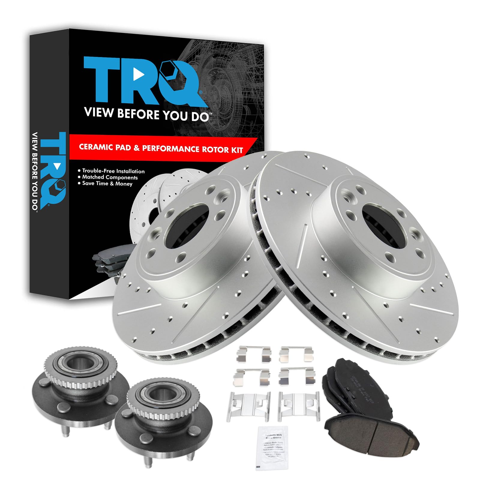 TRQ Premium Wheel Bearing Hub Assembly with High-Performance Brake Rotor & Ceramic Brake Pads - Complete Front Kit for Smooth & Safe Driving | Perfect for Daily Commute, Highway Travel & Towing