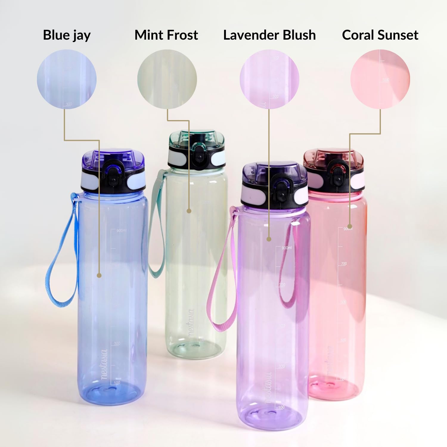 Nestasia 2-Pack 1000ml BPA-Free Water Bottles with Spill-Proof Spring-Loaded Cap & Capacity Markers - Transparent Travel & Gym Bottles for Fitness, Office, Hiking & Outdoor Activities (Mint Green)