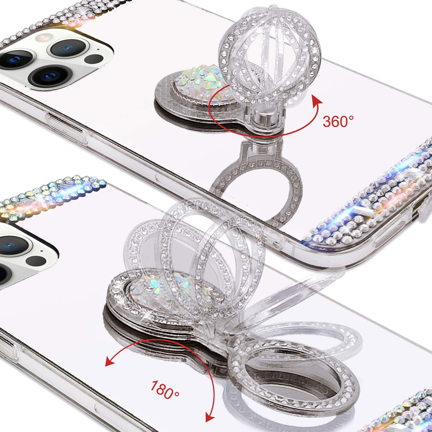 LUVI iPhone 12 Pro Case - Diamond Glitter Rhinestone Makeup Mirror Cover with Ring Stand & Kickstand | 6.1 Inch Bling Crystal Protector for Women & Girls | Perfect for Selfies, Makeup Touch-ups & Secure Grip