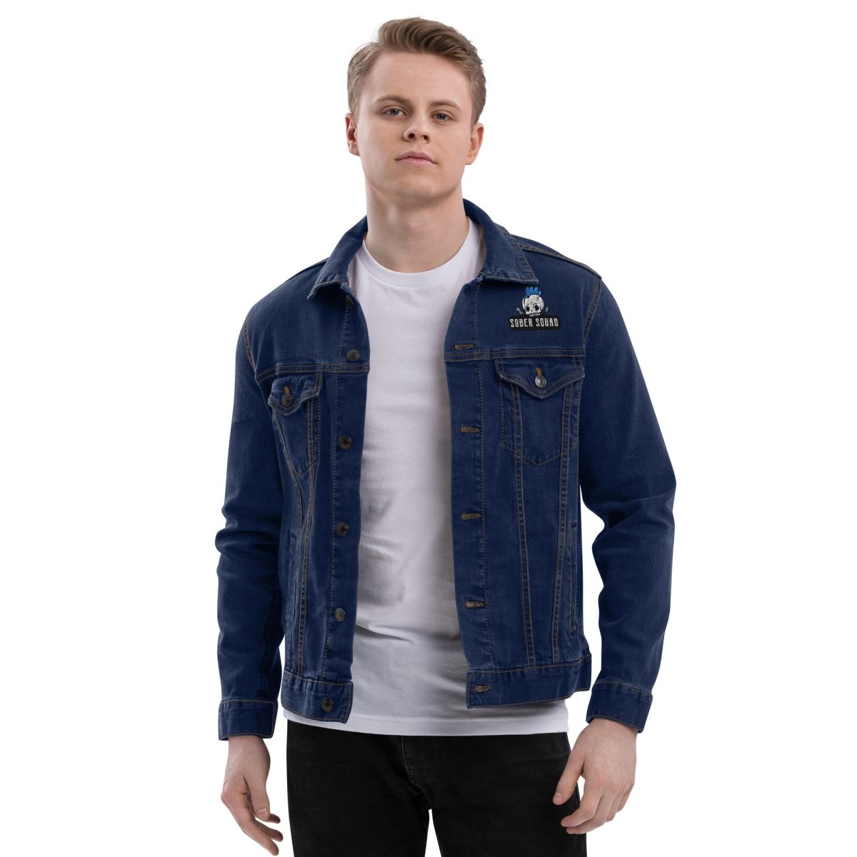 Sober Squad Embroidered Denim Jacket for Men & Women - Stylish Vintage Denim Jacket with Unique Embroidery - Perfect for Casual Outfits, Streetwear, and Everyday Wear