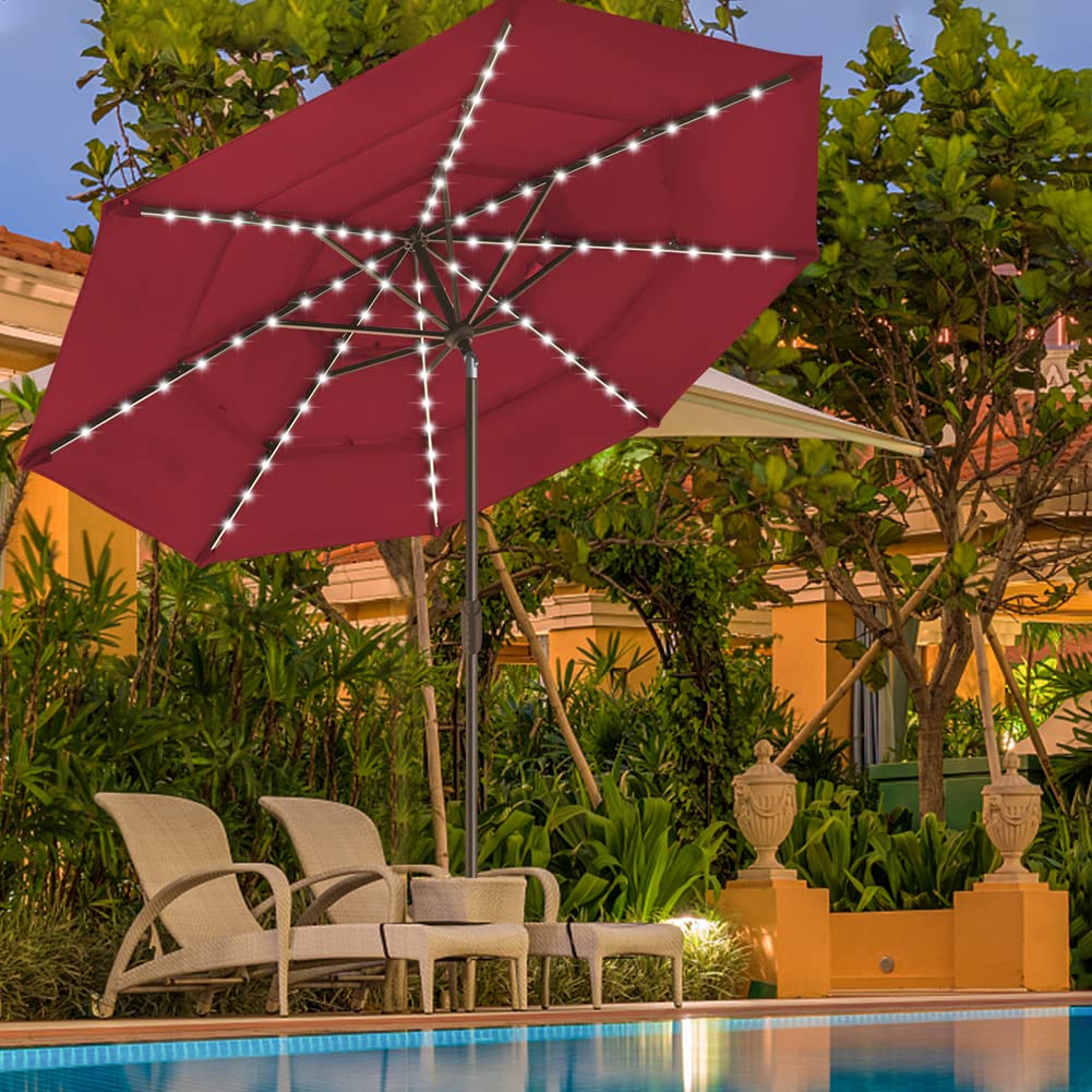 EliteShade USA 10-Year Fade-Resistant 9ft 3-Tier Solar Patio Umbrella with 80 LED Lights - Outdoor Table Umbrella with Ventilation, Burgundy Red - Perfect for Backyard, Poolside, and Restaurant Outdoor Dining
