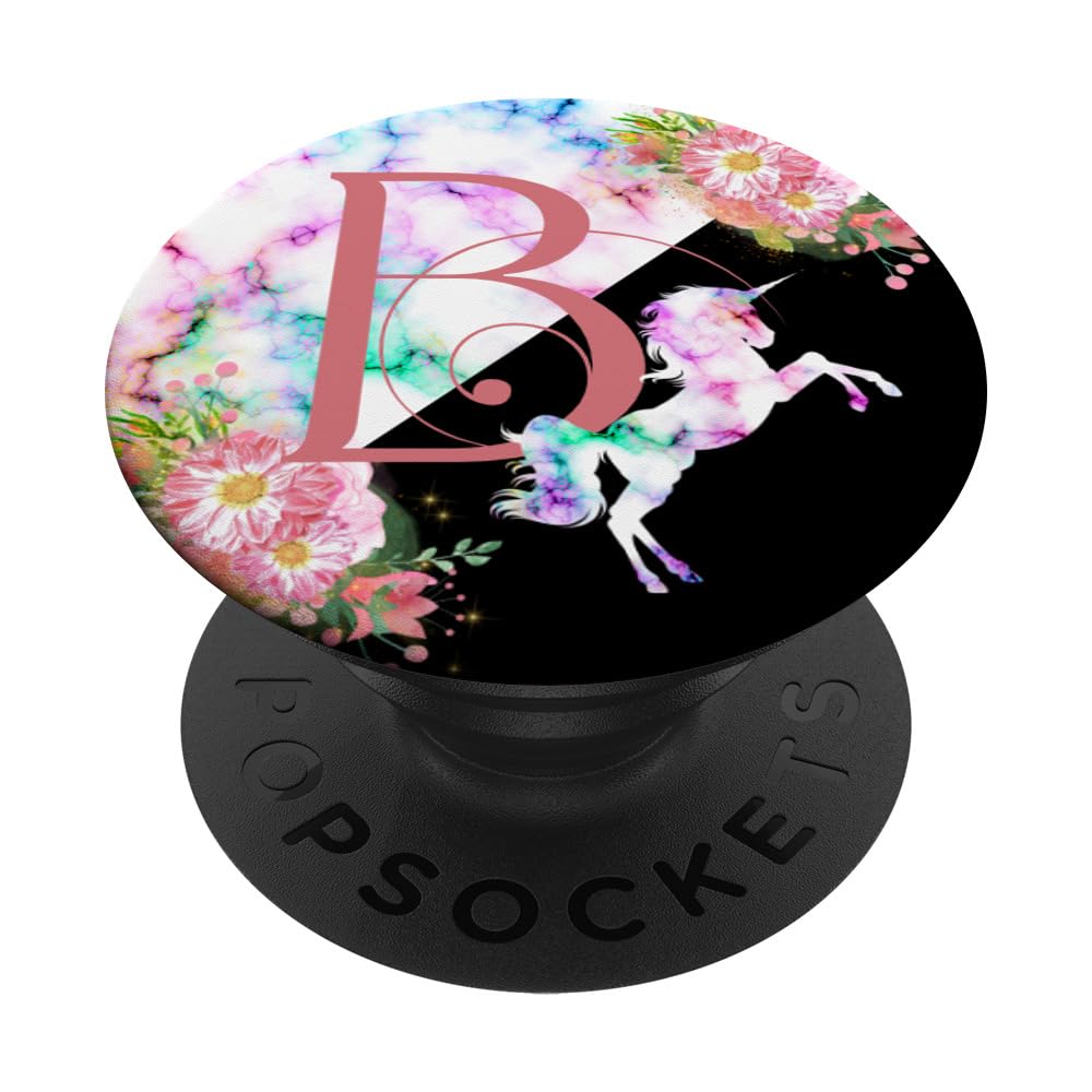 Rose Pink Letter B Initial Unicorn Monogram PopSocket - Adhesive Phone Grip & Stand for iPhone, Samsung, Smartphones - Perfect for School, Work, Travel & Daily Use