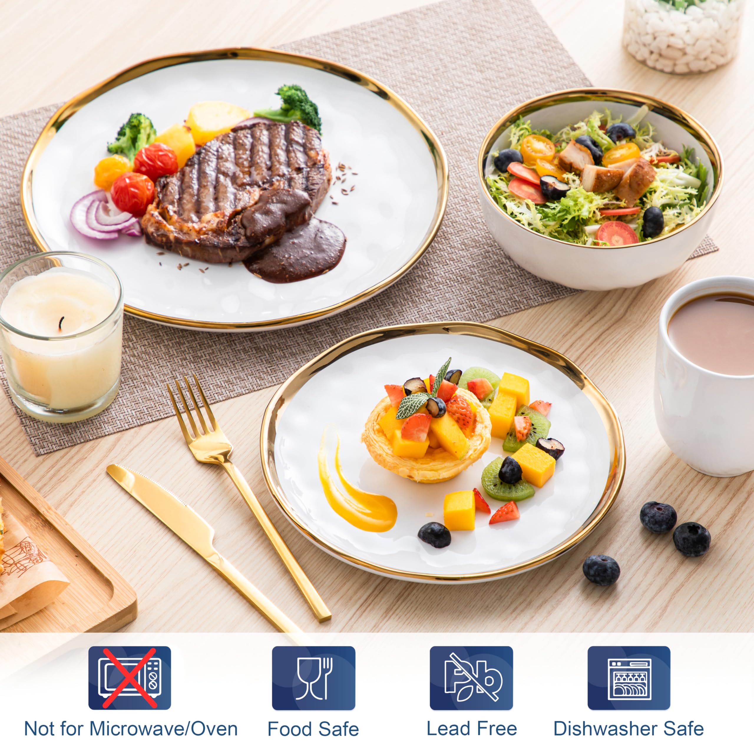 LOVECASA 16-Piece Porcelain Dinnerware Set - White & Gold Round Plates & Bowls for 4, Dishwasher Safe & Scratch Resistant - Elegant Table Setting for Holidays, Dinner Parties & Everyday Use