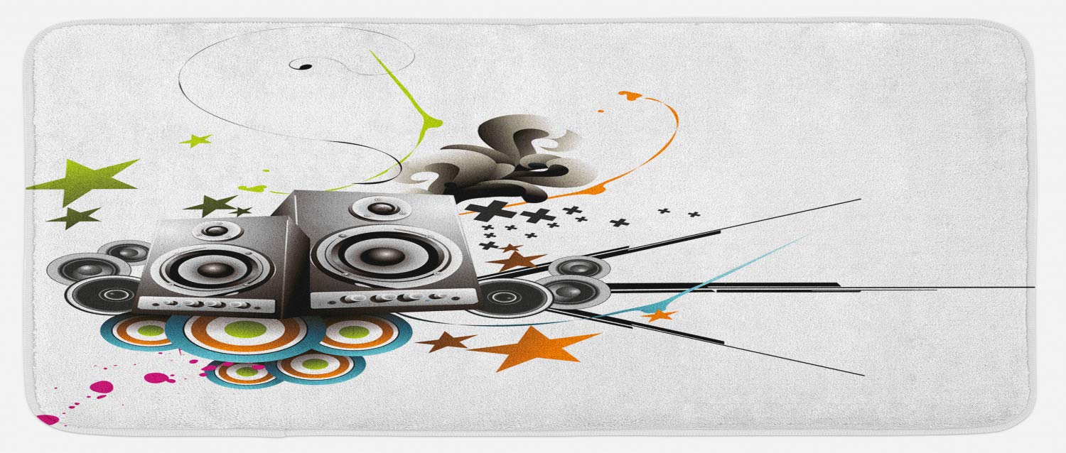 Ambesonne Non-Slip Kitchen Rug - Modern Music Instruments & Headphones Print, Plush Decor Mat 47x19 Inches, Black Green Orange - Perfect for Kitchens, Studios & Music Lovers