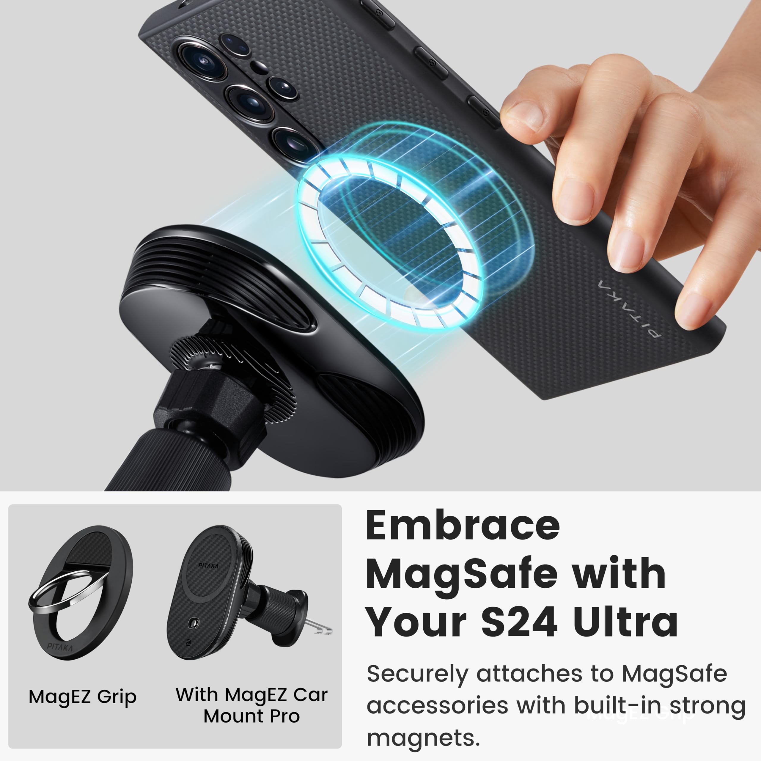 Pitaka Samsung Galaxy S24 Ultra Case 6.8 Inch - Magsafe Compatible Protective Phone Cover with 1500D Aramid Fiber - Slim Durable Black Case for Work, Travel & Everyday Use [PinButton Design]