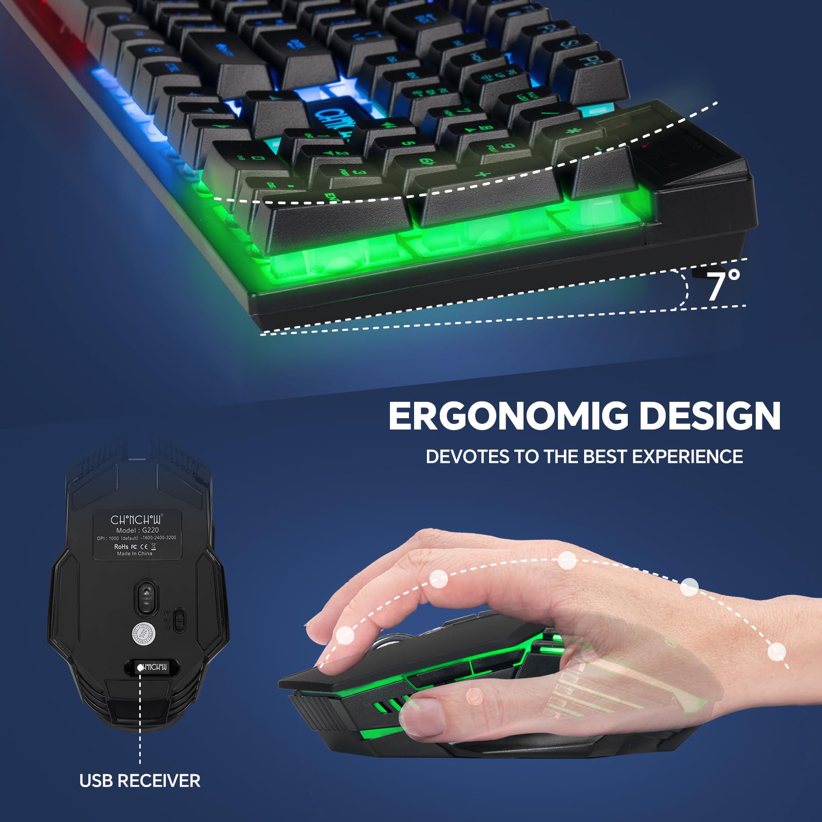 CHONCHOW Wireless Gaming Keyboard and Mouse Combo - RGB Backlit Ergonomic Mechanical Feel Keyboard with Rechargeable 2500mAh Battery, Anti-Ghosting Keys, 7D 3600DPI Gaming Mouse for PC, Laptop, PS4, Xbox - Ideal for Esports, Streaming, Office Work & Home Gaming - Perfect for FPS, MOBA Games and Late-Night Gaming Sessions - Great for Competitive Gaming, Work from Home Setup and Entertainment