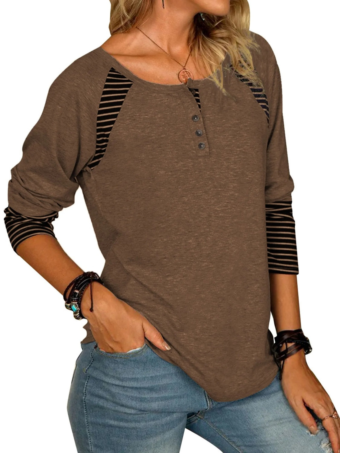 Men's Full Size Striped Quarter Button Long Sleeve T-Shirt - Casual Comfort Wear for Everyday Outfits & Layering