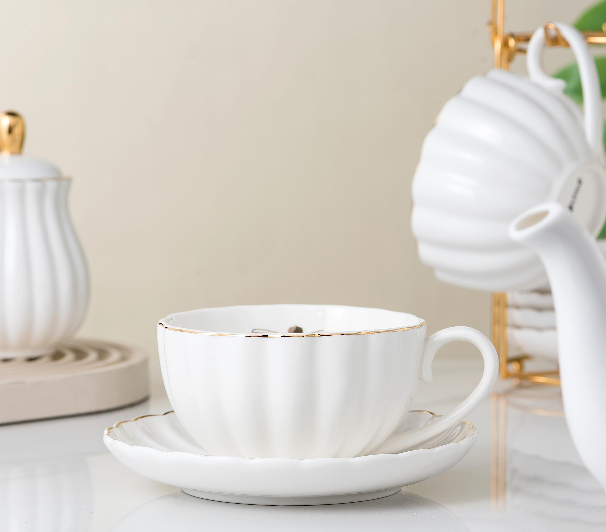 Premium 8 oz Fine China White Coffee & Tea Cup Set - 17-Piece Service for 4 with Teapot, Saucers, Sugar Bowl, Cream Pitcher & Accessories - Elegant Tea Party & Afternoon Coffee Set (White)
