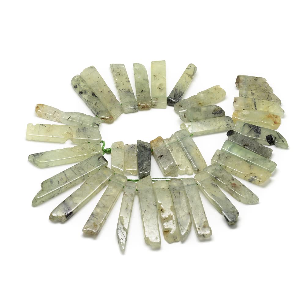 40pcs Natural Prehnite Rock Healing Quartz Crystal Points - Gemstone Sticks, Irregular Flat Beads, Top Drilled Smooth Pendulum Pendants for DIY Jewelry Making (15 inch/Strand) - Perfect for Meditation, Energy Healing & Handmade Necklace Designs