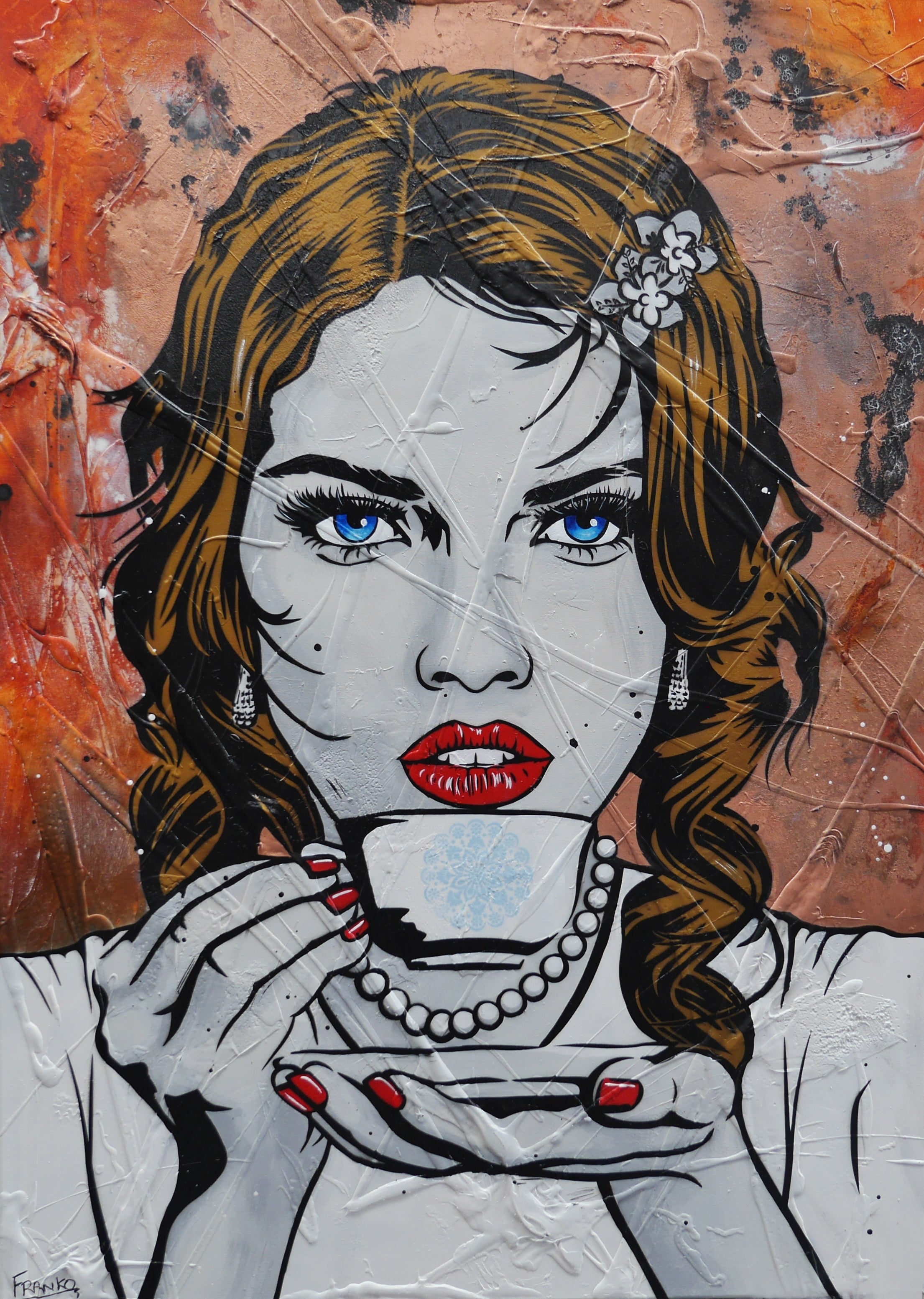 140cm x 100cm Coffee Girl Textured Urban Pop Art Canvas Painting - Modern Wall Decor for Living Room, Bedroom & Office