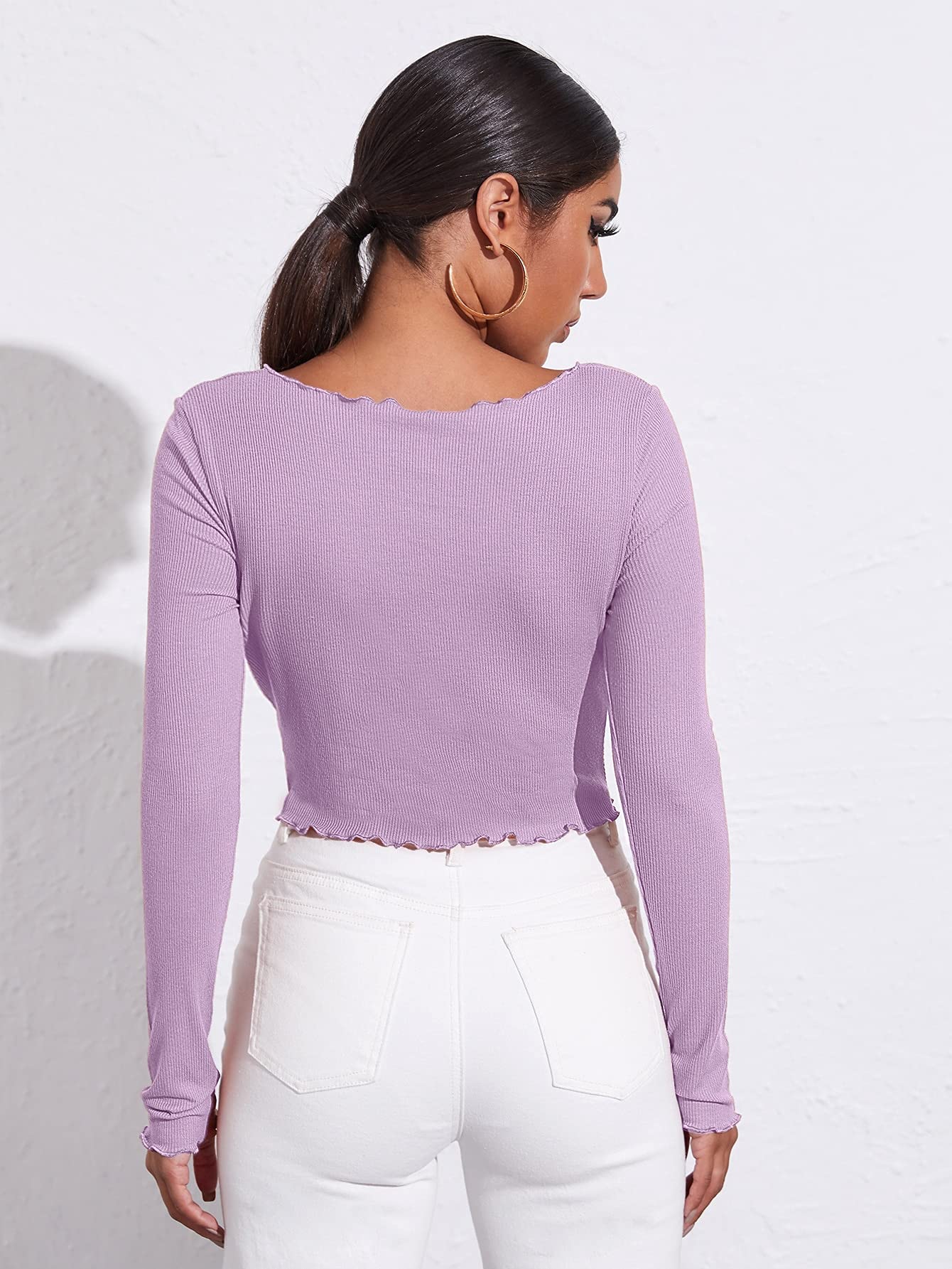Floerns Women's Lettuce Trim Long Sleeve Drawstring Ruched Crop Top T-Shirt - Trendy Casual Blouse for Spring & Summer, Perfect for Dates, Parties and Everyday Wear