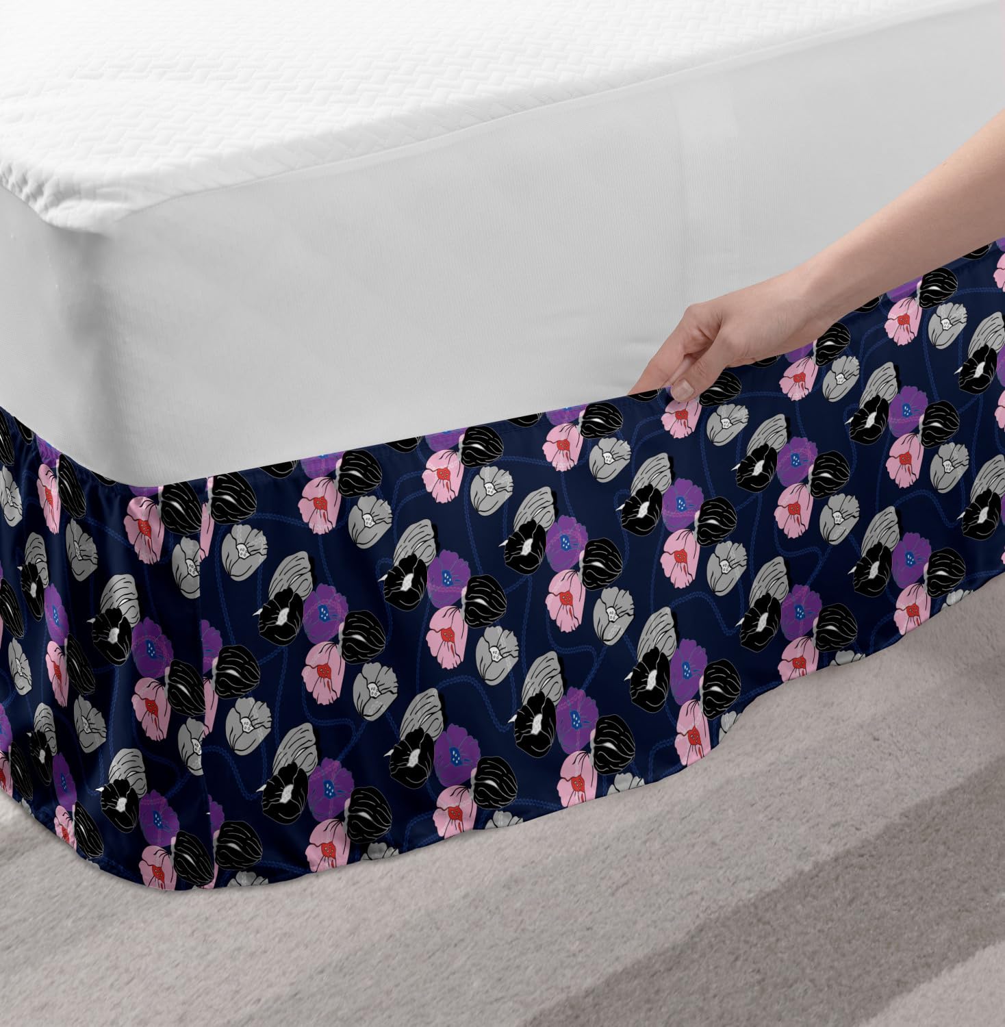 Ambesonne Floral Elastic Bed Skirt - Queen Size Botanical Print with Poppies & Tulips Design, Wrap Around Dust Ruffle for Bedroom Decor - Perfect for Home Styling, Guest Rooms & Master Bedrooms