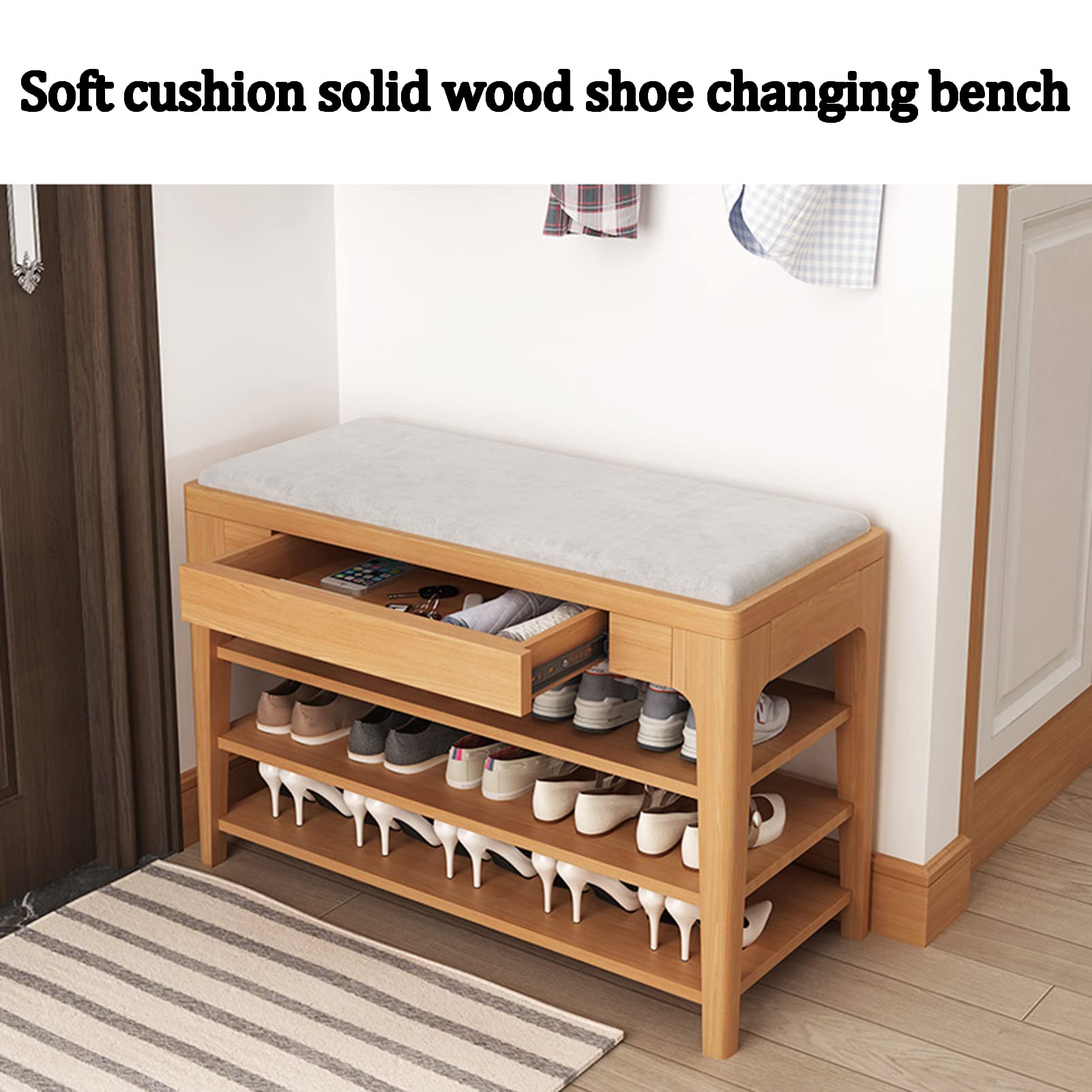 Solid Wood Shoe Rack Bench with Drawers - 3-Tier Storage Organizer for Entryway & Bedroom