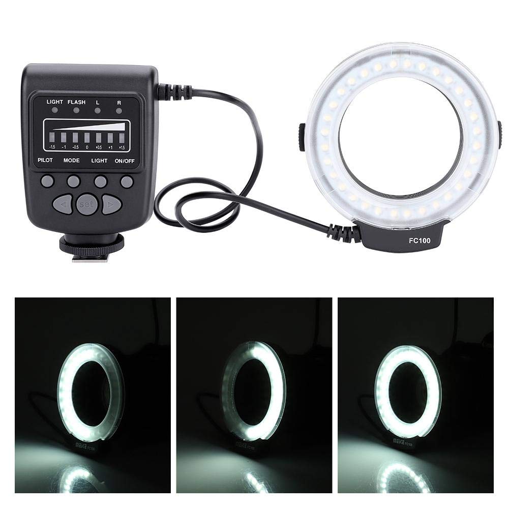 FC-100 Portable LED Macro Ring Flash 5500K Adjustable Brightness Speedlite with 8 Adapters - Camera Fill Light Kit for Canon & Nikon DSLR - Perfect for Macro Photography, Product Shooting & Video Lighting