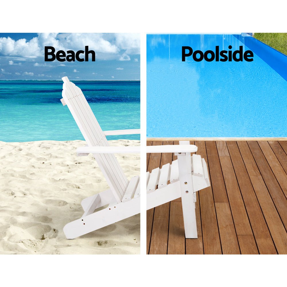 3-Piece White Wooden Adirondack Outdoor Table and Chairs Set - Perfect for Beach, Patio, Garden, and Backyard Relaxation