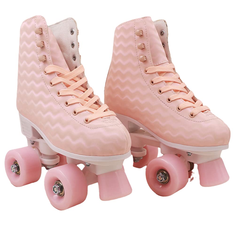 BDKNBHG Women's High-Top Quad Roller Skates - Outdoor Pink Roller Shoes with Wheels for Beginners (Size 9.5 US) | Perfect for Fitness, Recreation & Roller Derby