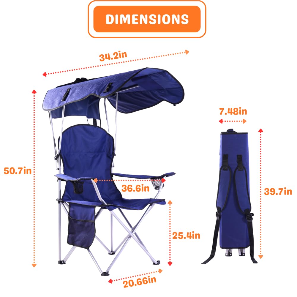 CozyBox Portable Folding Camping Chair with Canopy Shade - Heavy Duty 600D Oxford Fabric Beach Chair for Adults - Weather Resistant Outdoor Lounge Chair for Camping, Beach, Picnic, Backyard & Tailgating [Navy]